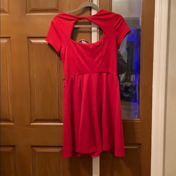Red Skater Style Dress with Removable Black Belt - Picture 2 of 3